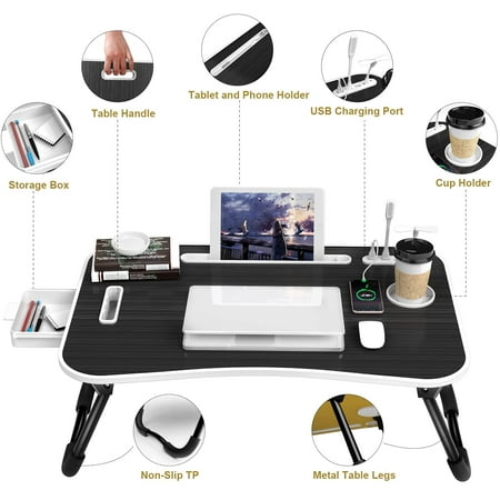 Lap Desk For Laptop Portable Foldable Bed Tray Table With Usb Charging Port Handle Storage Drawer Cup Holder Breakfast Couch Tv Tables Eating Writing Lap Desk For Laptop Portable Foldable, Bed Desk Tray With Charger