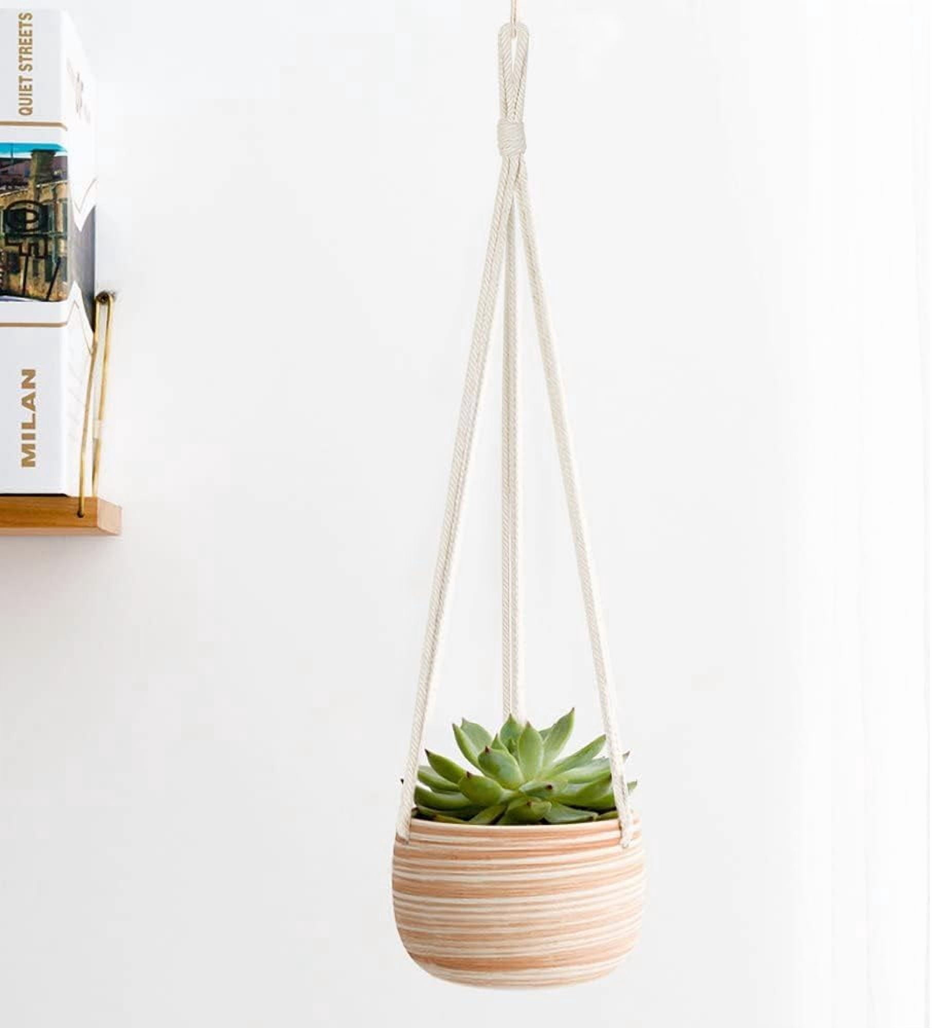 Ceramic Hanging Planter Macrame Plant Holder 5 Inch Cute Succulent Cactus Pot with Cotton Rope Hanger for Indoor Outdoor Decor, 1 Pack