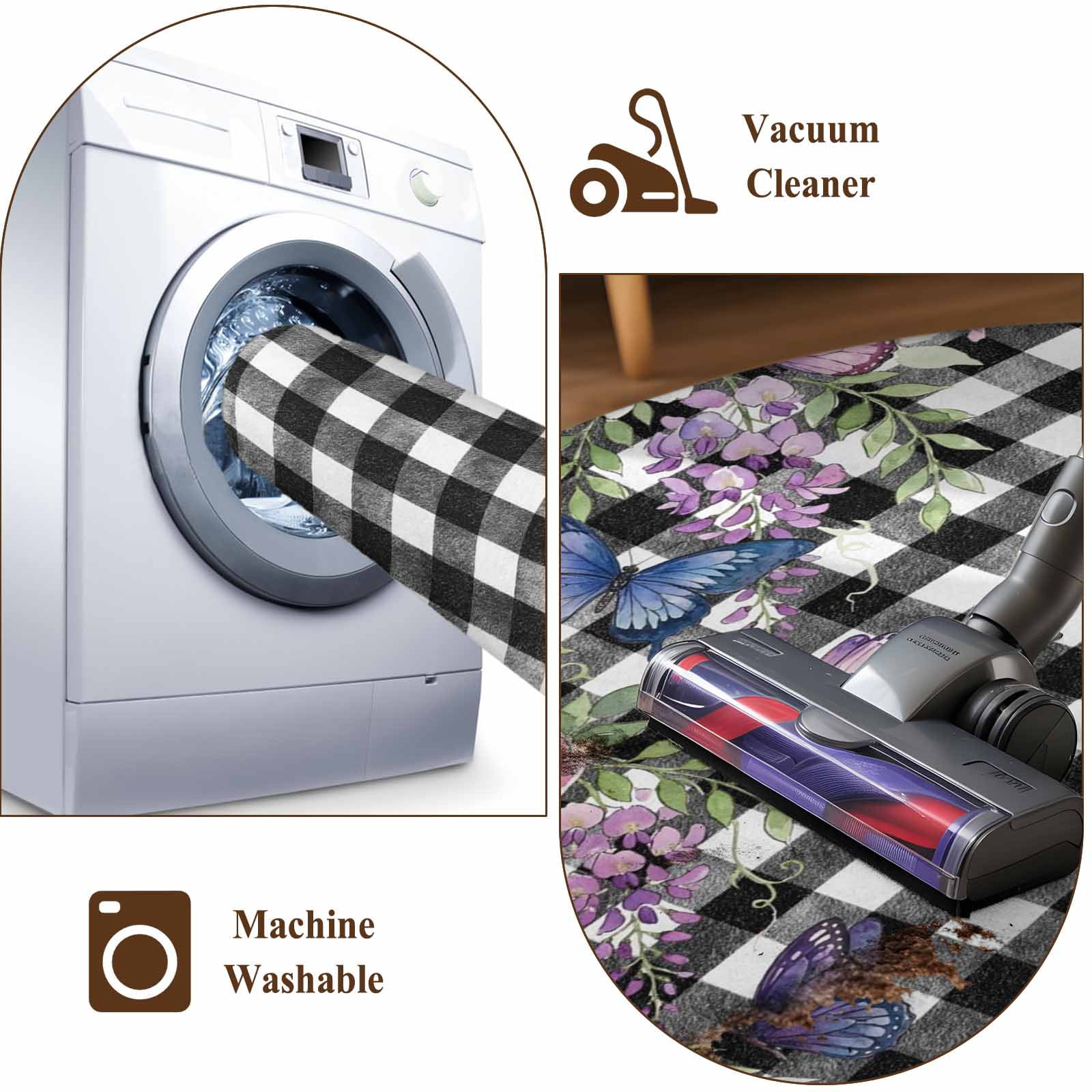 Spring Floral Round Area Rug 6Ft Washable Circle Rugs for Bathroom Office, Black White Checkered Farmhouse Butterfly Non-Slip Carpet Floor Mats Indoor Outdoor Carpet Runner Aesthetic Home Decor