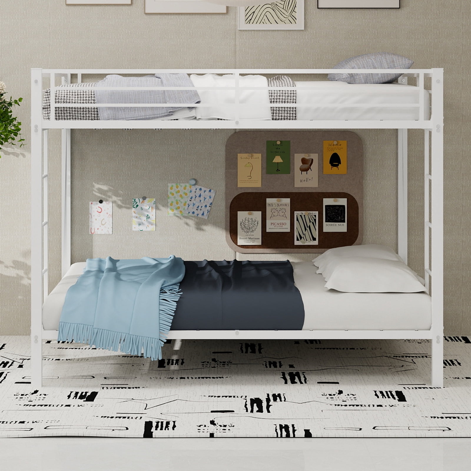 Leumius Full over Full Metal Bunk Bed Frame with Safety Rails & Ladders, Heavy-Duty Quiet Design for Teens and Adults,White