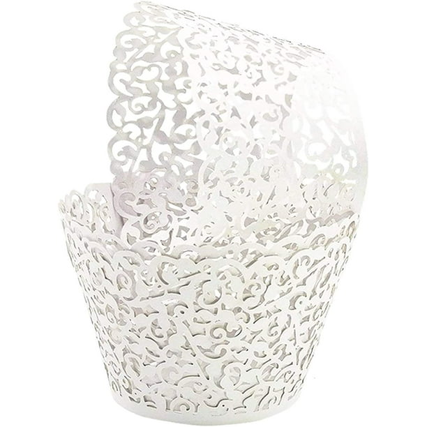 50 envoltorios para magdalenas, papel artístico para hornear, filigrana, encaje de vid pequeña, forro cortado con láser, envoltorios para tazas para hornear, estuches para muffins, bandejas para