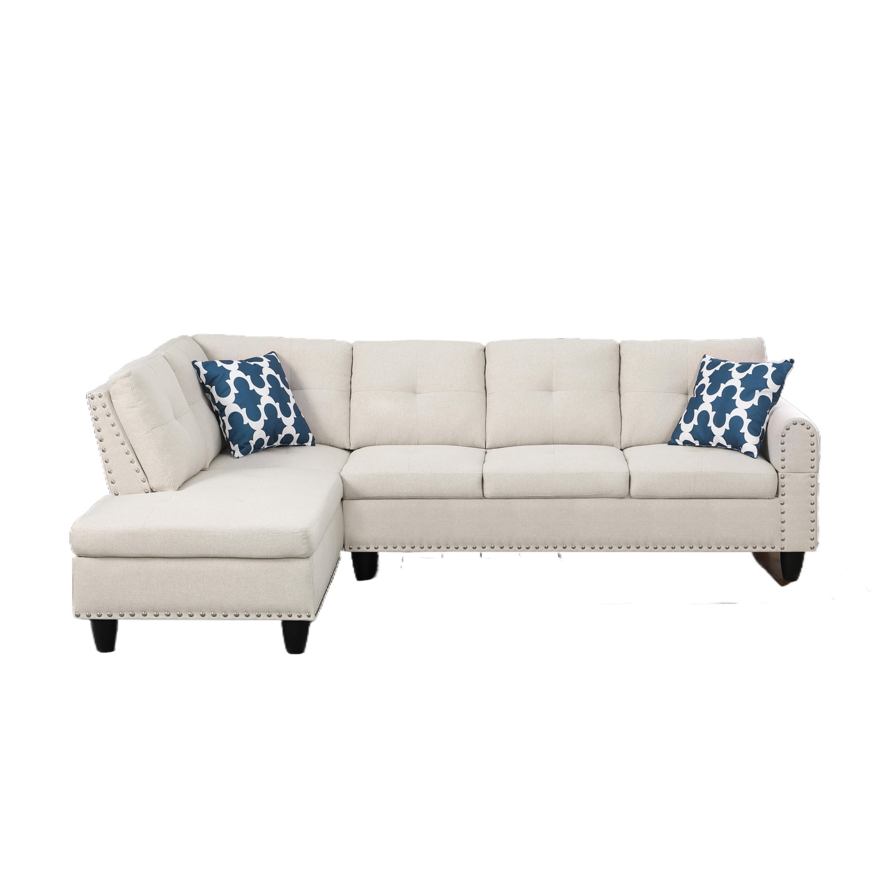 Hommoo L-Shaped Upholstered Sectional Sofa Couch with Storage & Cup Holders, Linen Living Room Sofa Set, No Ottoman, Beige