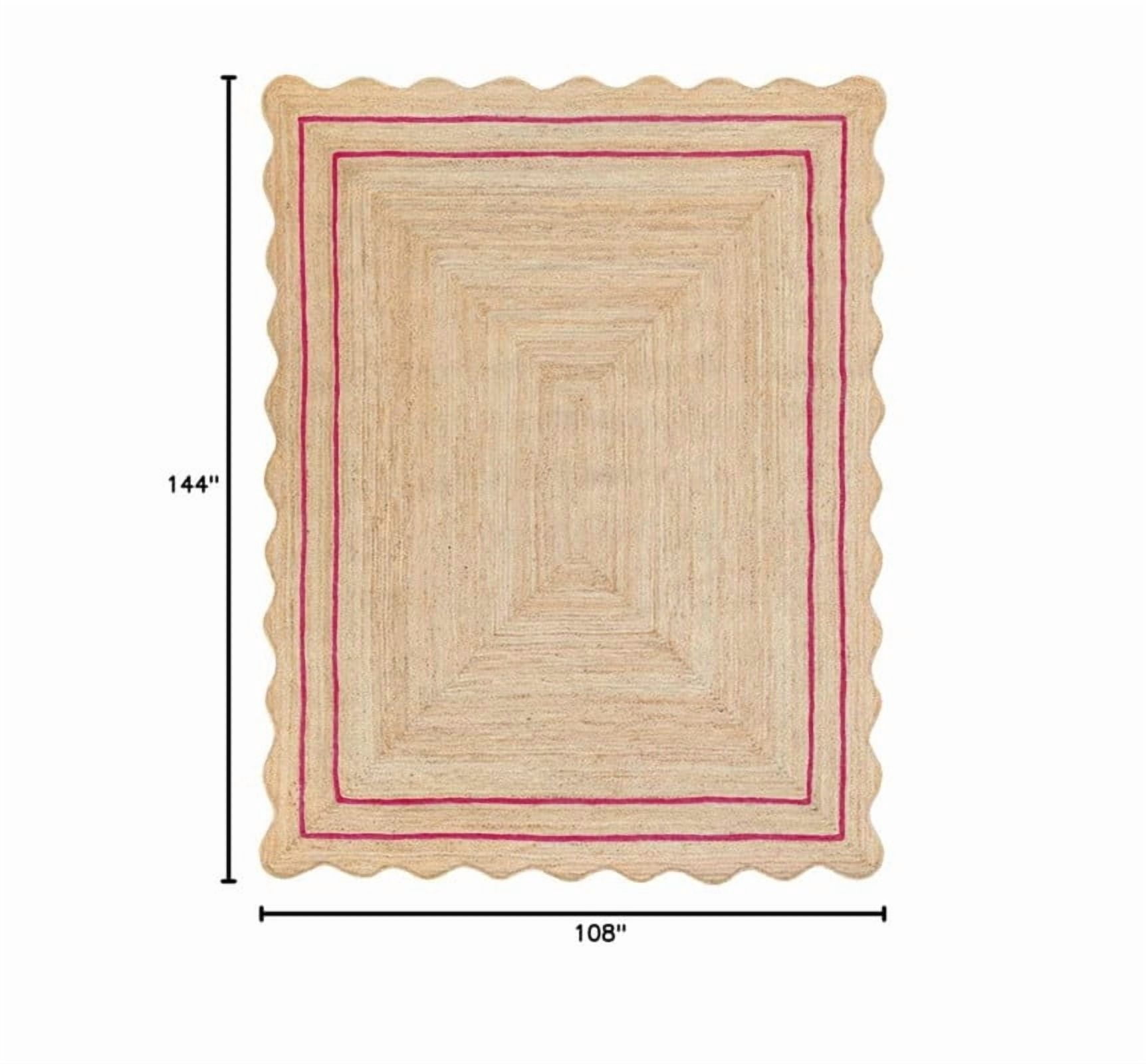 Wave Scalloped Natural Jute Rug, Handmade Boho Farmhouse Braided Eco-Friendly Indoor Carpet for Living Room, Bedroom, Hallway, Dark Pink, 2 X 12 FT
