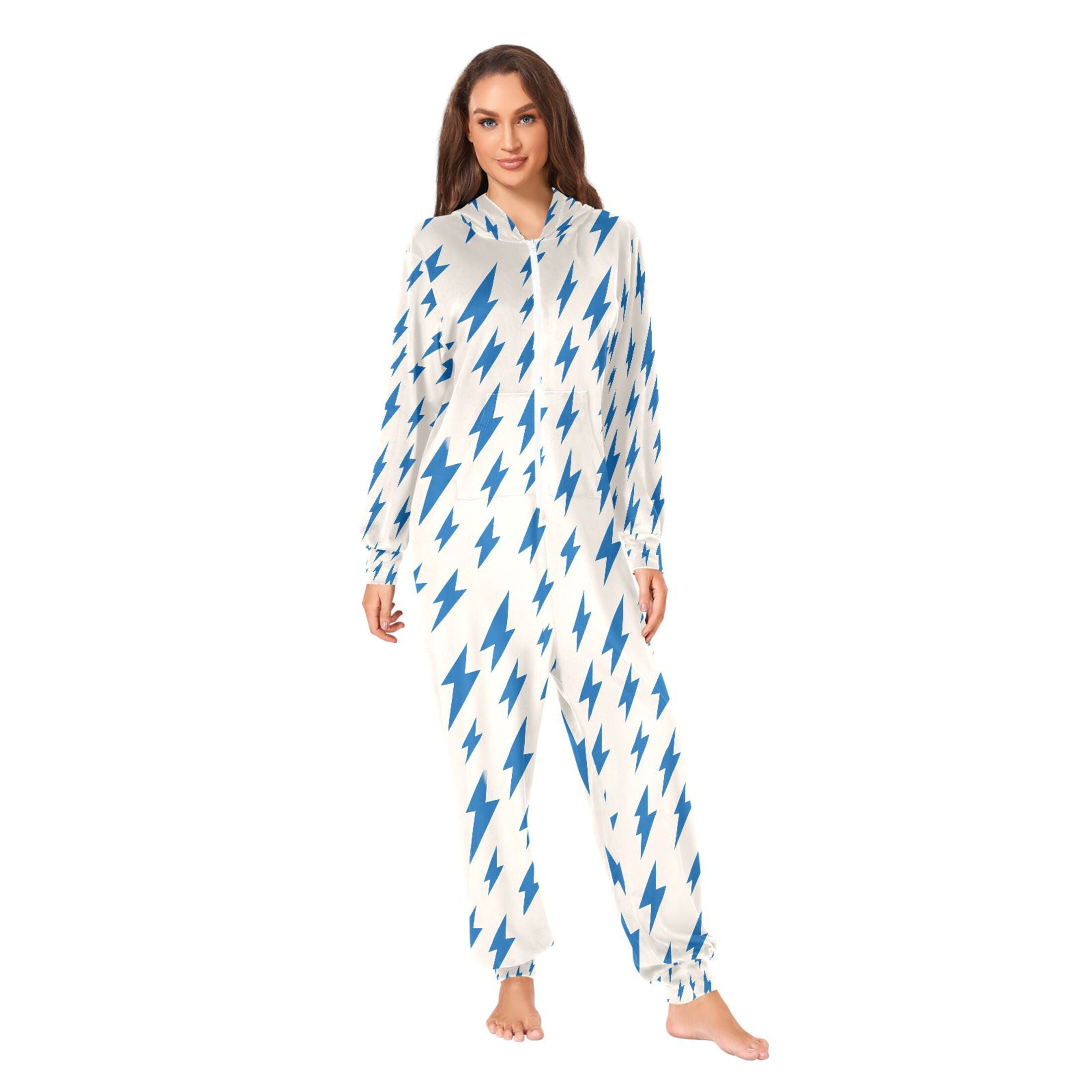 Adult Christmas Onesie Blue Lightning Adult Zipper One-Piece Pajamas Unisex Pajamas with Pockets
