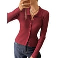 thumbnail image 2 of Women Long Sleeve Button Down Ribbed Knit Cardigan Shirt Casual Slim Fit Collared Sweater Top Dark Red M, 2 of 9