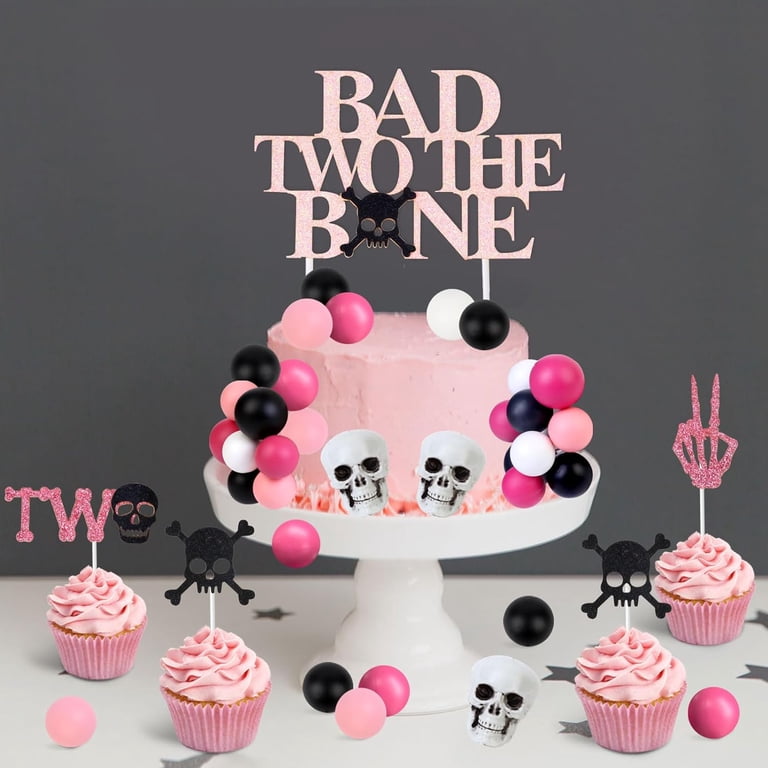 "Bad Two The Bone" Gothic Skeleton Cake Decorations Set - Black & Rose Gold Skull Toppers For Birthday Parties