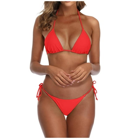 JIANJIA Swim Suits for Women Summer Solid Color Sexy Lace Up Halter Brassiere With Thongs Two Piece Brazilian Bikinis Swimwears Activewear Red M