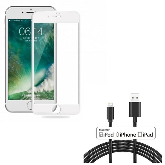 iPhone 8/7/6S/6 - Ceramics Screen Protector w 6ft MFi USB Cable - Matte White 3D Curved Edge Full Cover Anti Glare, Certified Charger Cord Power Wire Braided for iPhone 8/7/6S/6