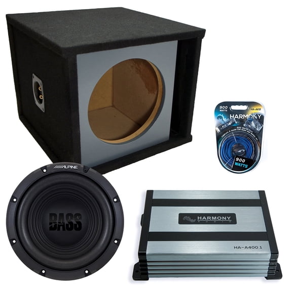 Harmony Audio Alpine fits Slot Paintable Baffle W12S4 Single 12" Subwoofer 250W Ported Sub Box | HA-A400.1 Amplifier, 8GA Amp Kit