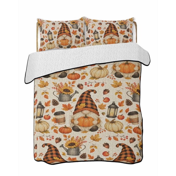 Quilt King Size Bedding Set, Gnomes Fall Reversible Summer Quilt 3 Pieces, Thanksgiving Pumpkins Rustic Botanical Lightweight Bedspreads Coverlets with 2 Pillow Shams for All Seasons