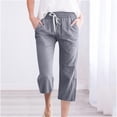 thumbnail image 2 of Honeeladyy Linen Capri Pants for Women Summer Drawstring Elastic Waist Pant Straight Wide Leg Cropped Trouser with Pockets Gray L, 2 of 5