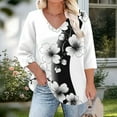 thumbnail image 4 of Njagoc3 Womens V - Neck 3/4 Sleeve Shirt, Black - White Floral Print Top, Romantic for Casual Wear, 4 of 6
