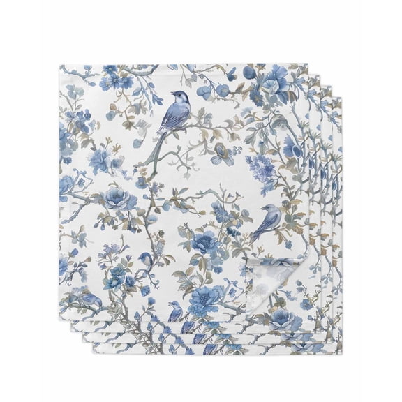 Cloth Napkins Set of 4 - 20x20 Inches, Blue Floral Birds Washable Reusable Table Napkins, Farmhouse Flowers Pastoral Soft & Absortbent Dining Napkin for Party Wedding Hotel Restaurant