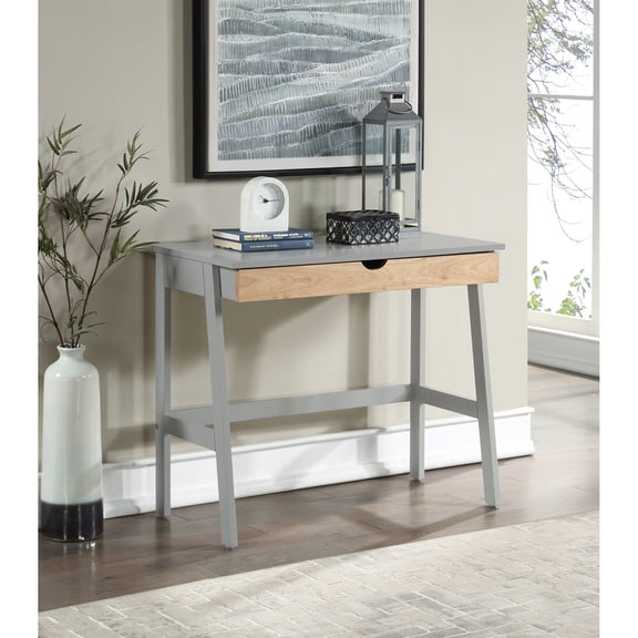 Desk Gray/natural - Solid Wood Writing With Metal Glide And Drawer Home Office Furniture Model