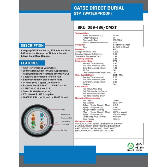 Vertical Cable CAT5E, Shielded Dual Jacket, Direct Burial, 1000ft, Black, Bulk Ethernet Cable