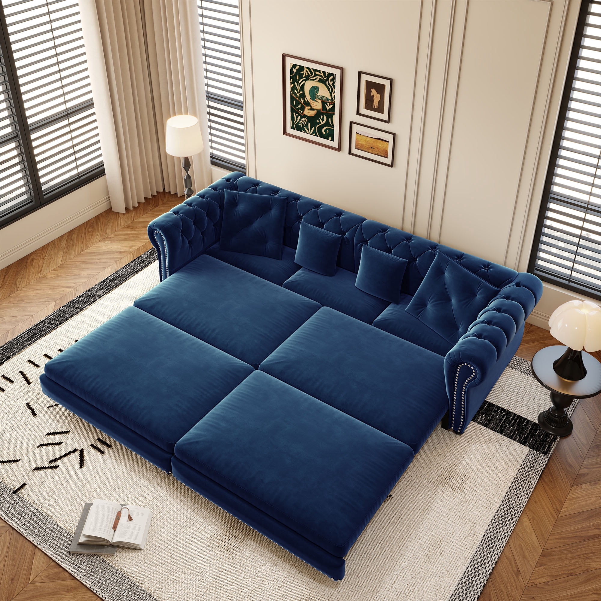 Firscook 89" Chesterfield King Size Pull Out Sofa Bed with Ottoman, Velvet Sleeper for Small Apartment, Blue