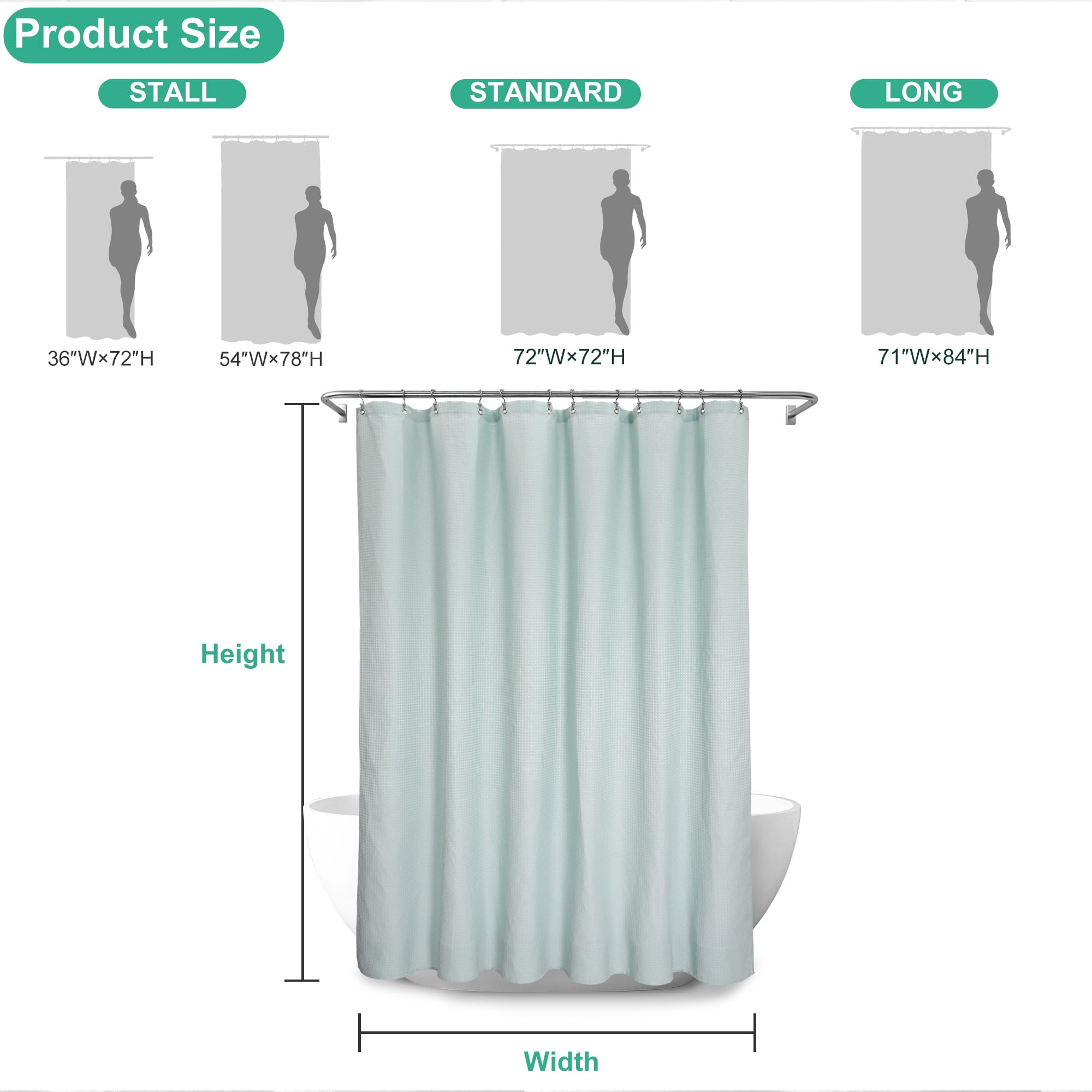 Yiannan Waffle Weave Fabric Shower Curtain ,Misty Blue,71"Wx72"L
