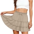 thumbnail image 2 of Jinhomg Women's Casual Skirts, High Waist Drawstring Ruffle Mini Skirt Solid Color Relaxed Fit Daily Skirt Khaki,S, 2 of 7