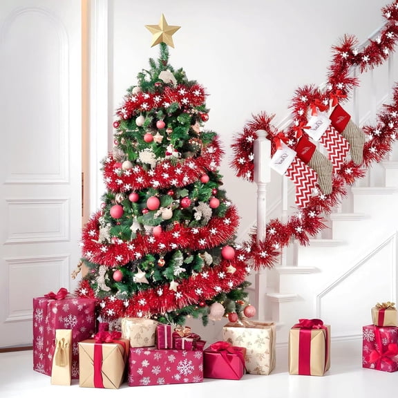 HCBY Christmas Tinsel Garland 6.6 FT, Snowflake Xmas Garland, Red White Metallic Twist Garland Ceiling Hanging Decor for Christmas Tree Party Ornaments Holiday Indoor Outdoor Supply