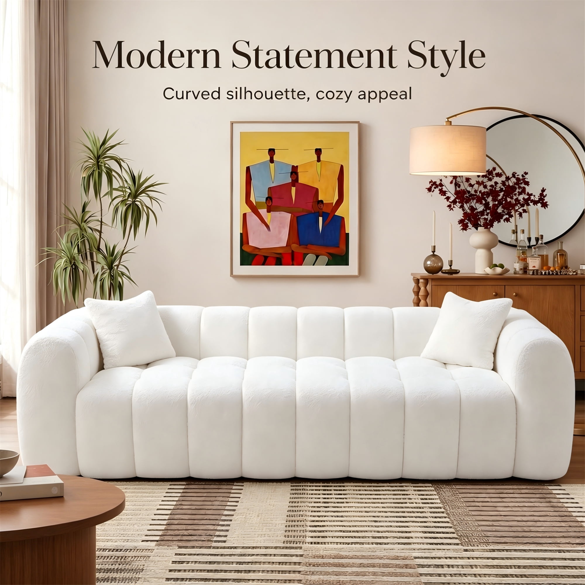 Aukfa 103" Oversized Boucle Cloud Sofa Deep Seat Boneless Couch with Square Tufted for Living Room, 2Pillows, Cream