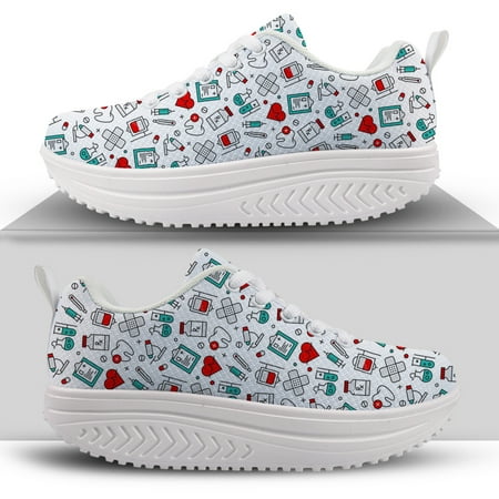 

Women Casual Shoes Lightweight Lace Up Wedge Platform Sneakers Cute Nurse Care Print Breathable Air Mesh Swing Shoes