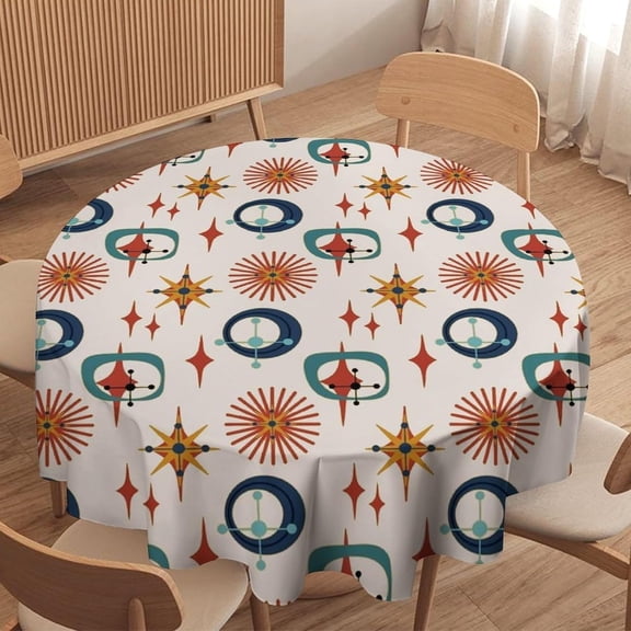 Boho Mid Century Tablecloth Retro Abstract Geometric Art Printed Print Stain Table Resistant for Kitchen Dinning Outdoor Picnic Party Round 60x60in