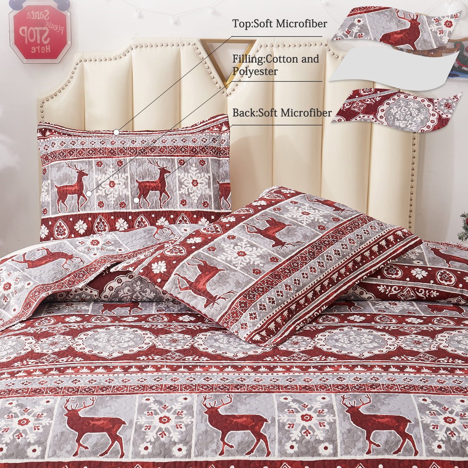 Jessy Home Christmas Quilt Set Queen/Full Size Rustic Holiday Bedding Set Red Moose Cabin Lodge Quilt Lightweight Soft Microfiber Xmas Bedspread Coverlet Christmas Gift with 2 Pillowcases