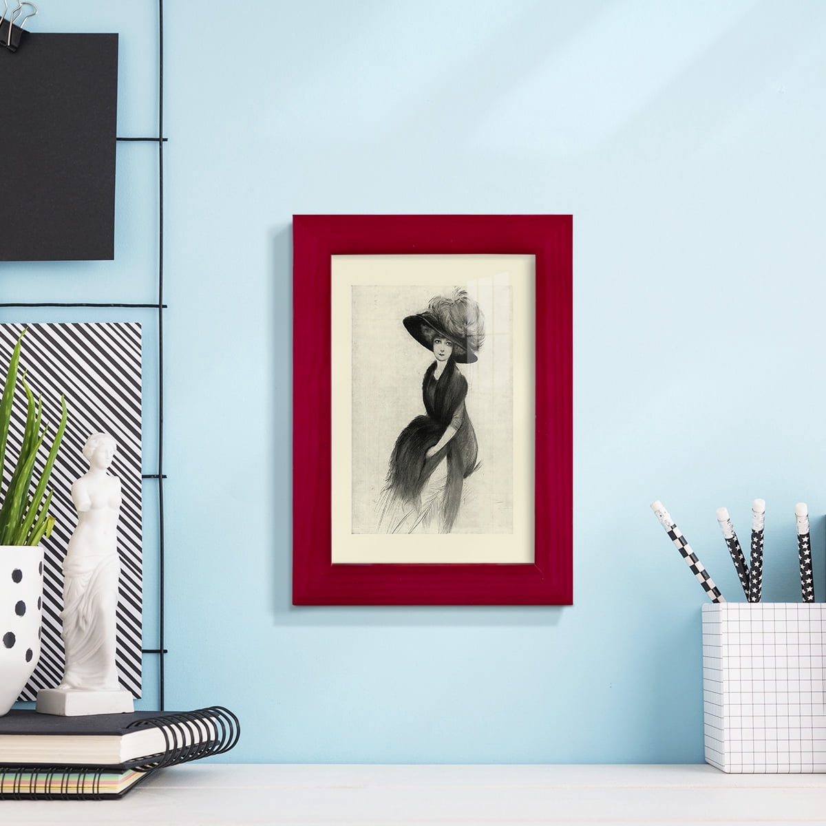 Feather Hat II -Framed Print w/glass-Cherry Red