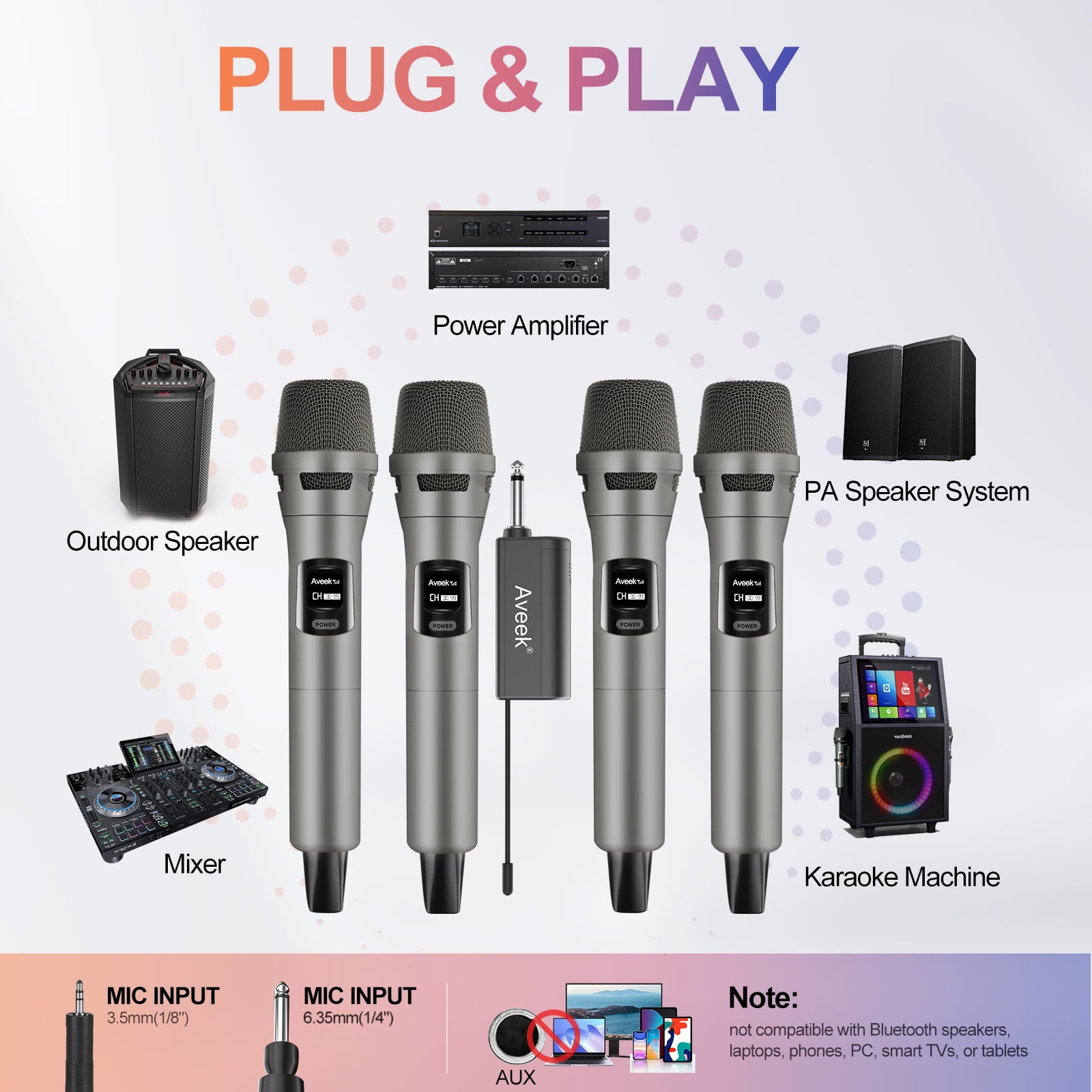 Aveek 4 pack Wireless Microphone, Plug & Play Karaoke Mic for Singing, Parties, Weddings, Events - Compatible with Speakers & Amplifiers