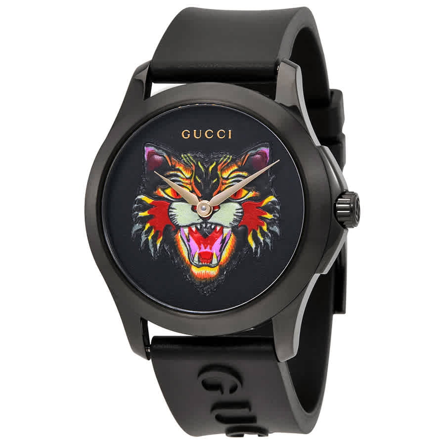 Gucci G-Timeless Black with Cat Motif Dial Rubber Watch YA1264021
