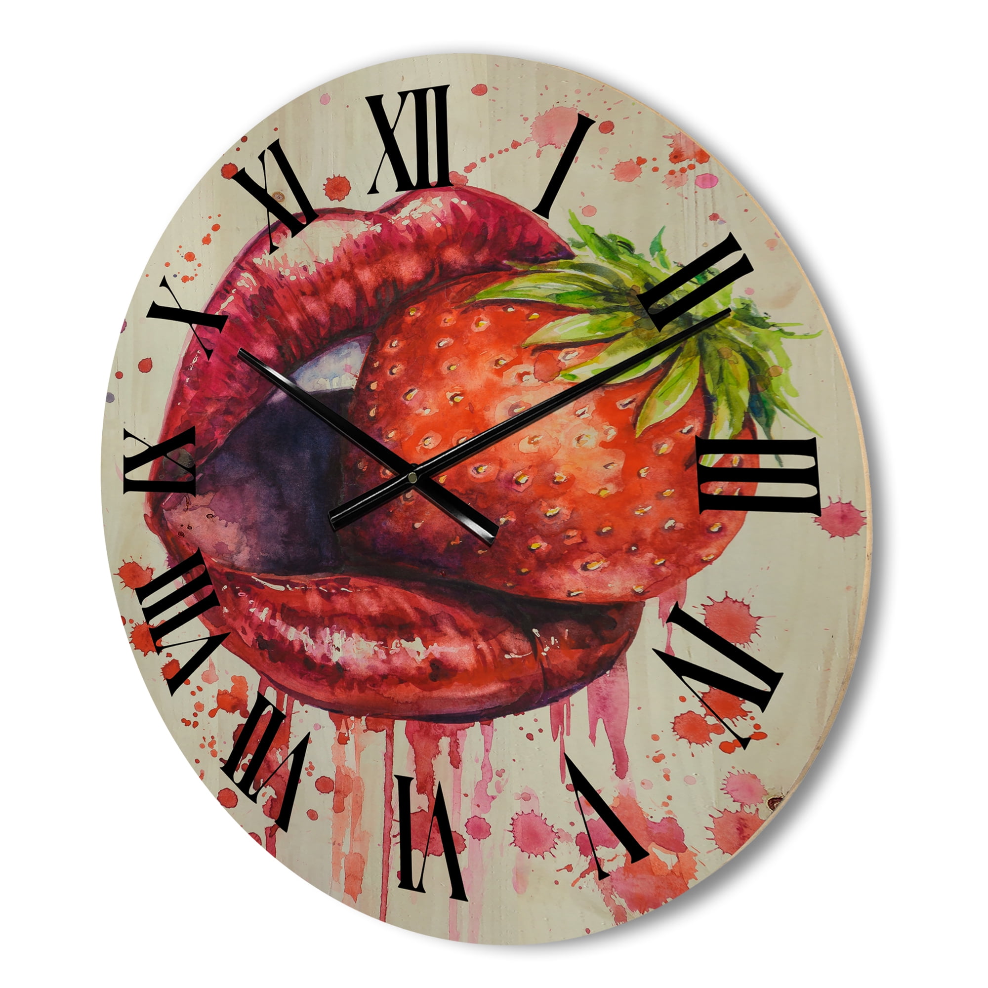 Designart 'Red Girl Lips Eating A Strawberry' Modern Wood Wall Clock