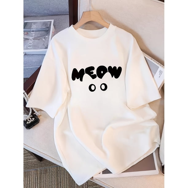 Kids' "Meow" Graphic Black T-Shirt - Casual Summer Short Sleeve Top for Boys and Girls, White Half-Sleeve Loose Fit with Cute Cat Design, Summer Clothing | Playful Design | Cotton Fabri