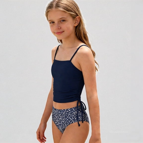 Krdevn Girls 2 Piece Tankini Swimsuit Set, Solid Spaghetti Strap Crop Top with Ditsy Floral Print Bottoms for Beach Pool Summer,11-12 Years
