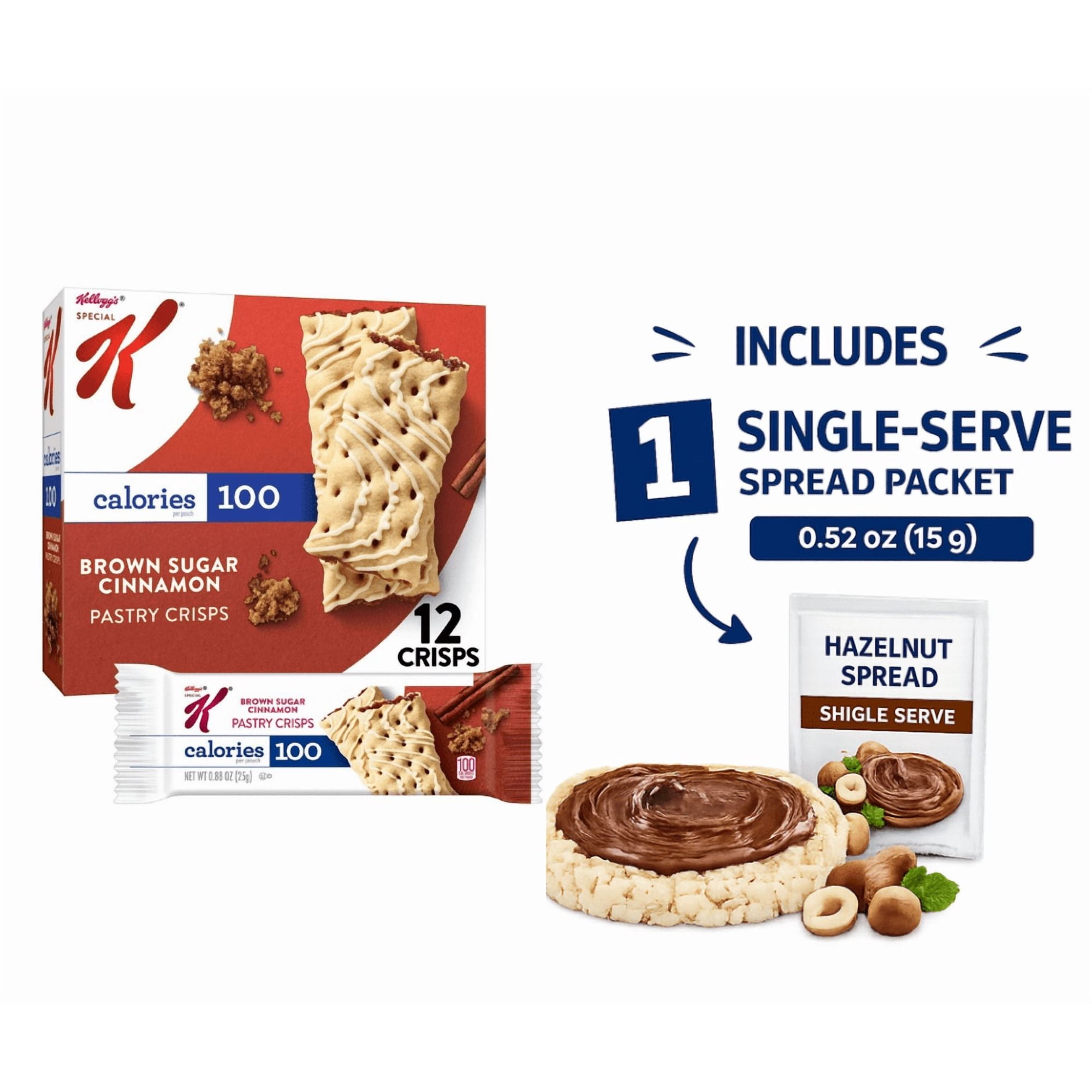 Special K Bar Brown Sugar Cinnamon Chewy Pastry Crisps 100 Calorie Snacks 5.28 oz 12 Count, with single serve Hazelnut 0.52 oz