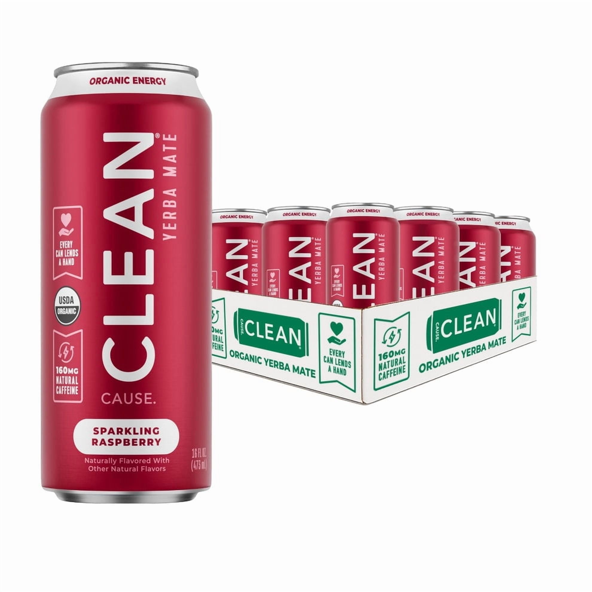 Pack of 12, CLEAN Cause Raspberry Organic Sparkling Yerba Mate, 16 fl oz
