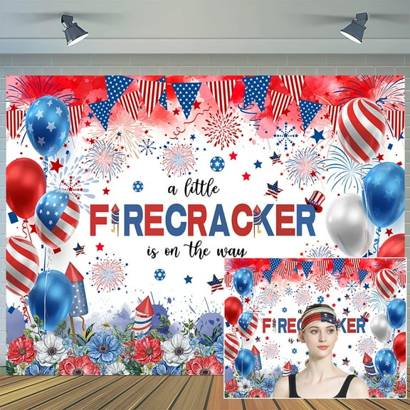 9 x 6 ft 4th of July Little Firecracker Backdrop Red and Blue A Little Firecracker is on the Way Photography Background Independence Patriotic Decorations for Baby Shower Party Banner Photo Props