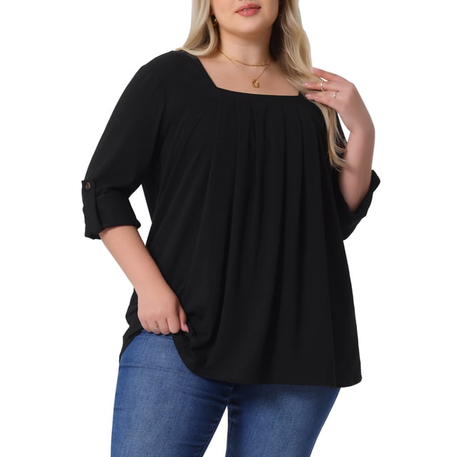 Blusas de mujer de tallas grandes Agnes Orinda, de manga larga, con cuello cuadrado, sueltas, con pliegues, estilo túnica, 3X, negras