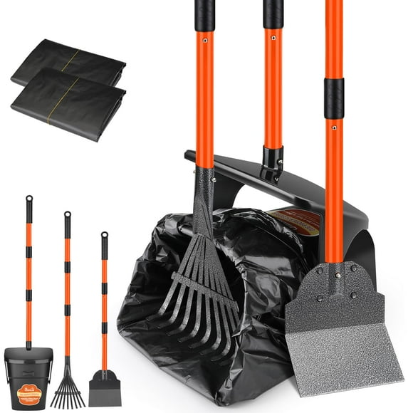 SlowTon Dog Pooper Scooper, Adjustable Long Handle Swivel Bin & Rake & Spade Kit with 20 Poop Bags, Portable Dog Pooper Scooper for Large Medium Small Dogs, Poop Scooper for Yard L