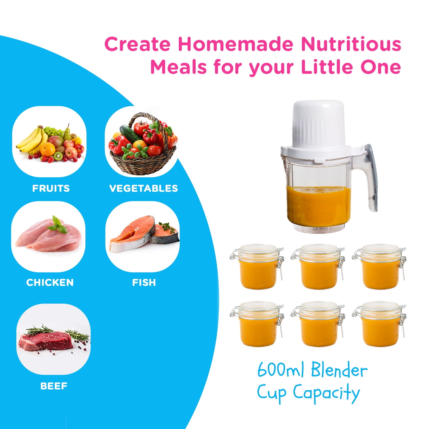 EVLA'S Baby Food Maker with 2 Steaming Cups, Steamer, Blender, Baby Food Processor, Touch Screen, with 6 Reusable Food Pouches, White