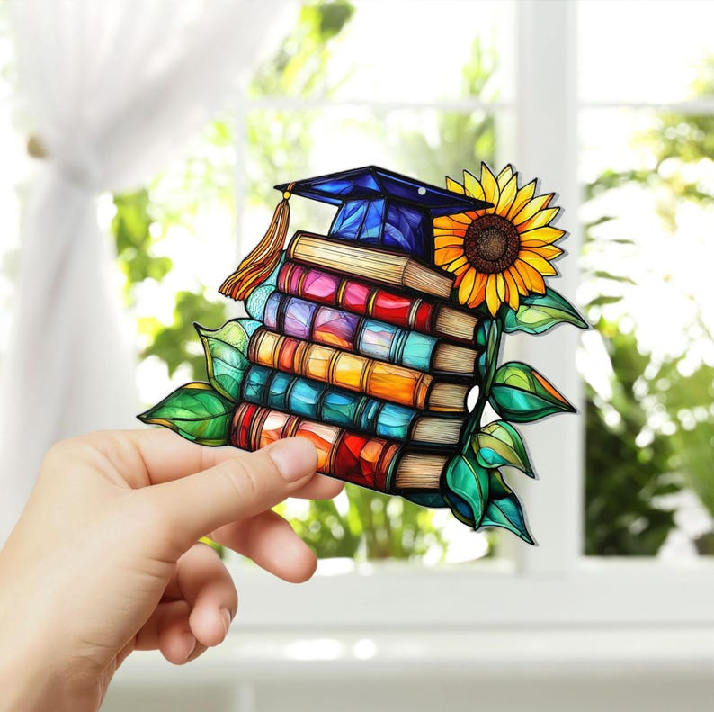 Graduation Book Acrylic Suncatcher, Grad Cap Window Hanging Decor