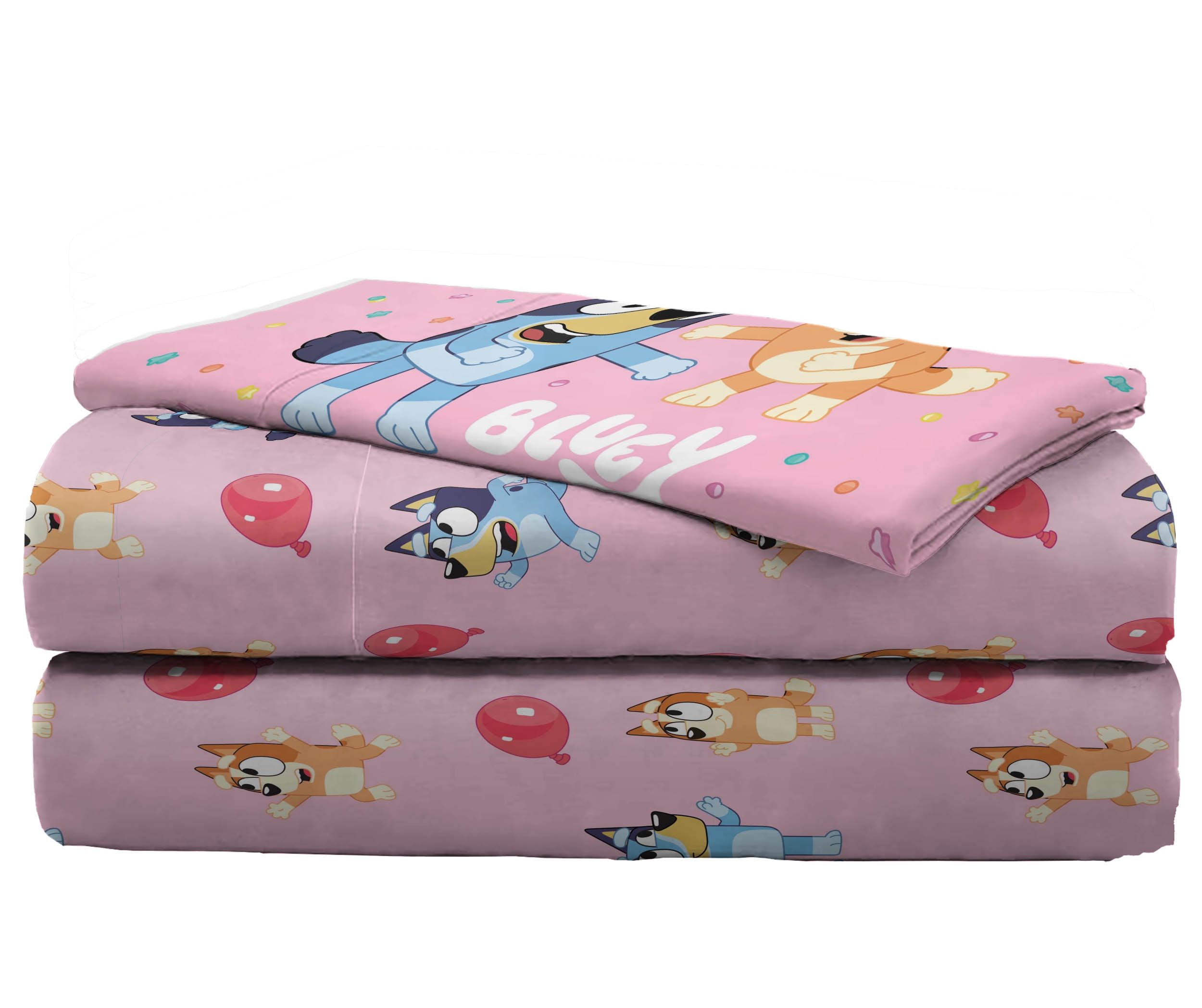 Bluey Balloon Party Kids 3 Piece Pink Bed Sheet Set, Twin