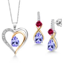 Gem Stone King 925 Sterling Silver and 10K Yellow Gold Blue Tanzanite Red Created Ruby and White Lab Grown Diamond Pendant Necklace Earrings Set for Women (2.35 Cttw, with 18 inch Chain)