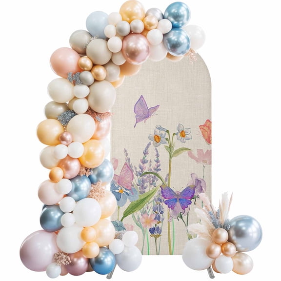 Arch Backdrop Cover 4FT Watercolor Rustic Butterfly Retro Blossoms Floral Stretch Spandex Arch Stand Cover, Green Plant Botancy Round Top Chiara Backdrop Stand Covers for Wedding Birthday Party