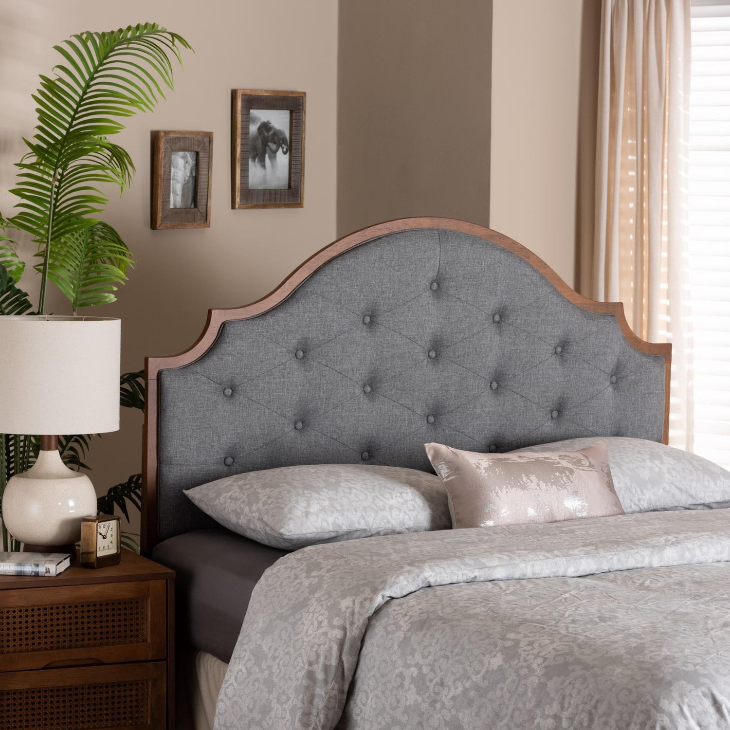 Baxton Studio Premala Gray Fabric and Walnut Brown Wood King Size Headboard