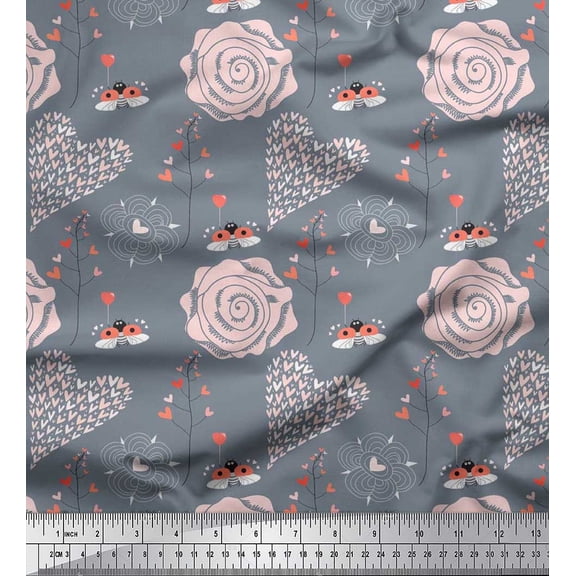 Soimoi Cotton Duck Fabric Heart,Bee & Floral Artistic Print Sewing Fabric Yard 42 Inch Wide