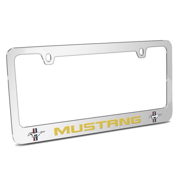 Ford Mustang Speed-Line in Yellow Dual Logos Chrome Metal License Plate Frame