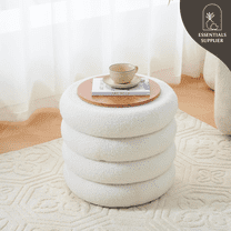 Round Shape Storage Ottoman Stool with Flip Tray, Vanity & Footrest Chair, White