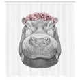 thumbnail image 3 of Hippo Shower Curtain, Pencil Hand-Drawn Style Animal Portrait with Floral Head Wreath, Fabric Bathroom Set with Hooks, 69W X 75L Inches Long, Grey Pale Grey and Pale Pink, by Ambesonne, 3 of 3