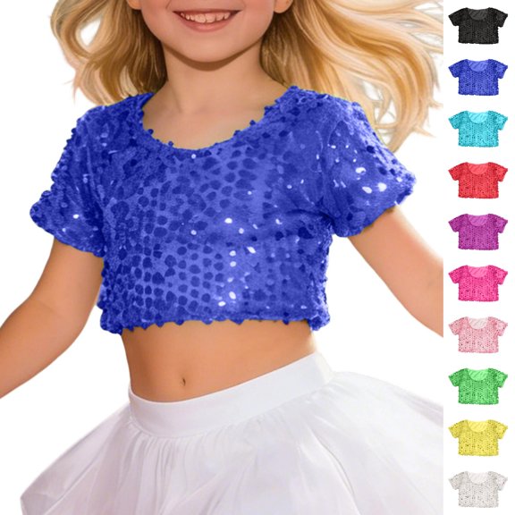 Bmisegm Girls Summer Tops Kids Elastic Stretchy Short Sleeve Crop Tee for Stage Performance Dance Show Girls Tshirts Blue 3-8 Years