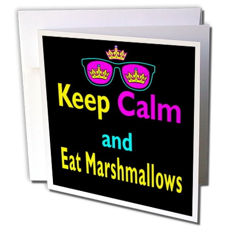 3dRose CMYK Keep Calm Parody Hipster Crown And Sunglasses Keep Calm And Eat Marshmallows - Greeting Card, 6 by 6-inch